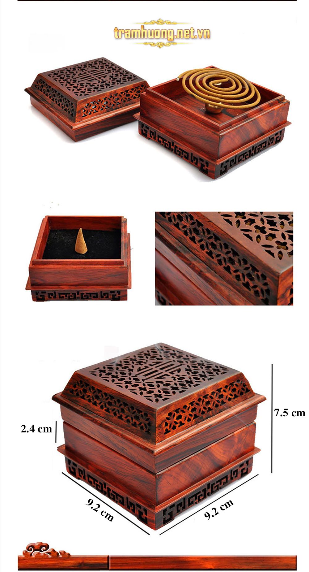 Lư đốt trầm gỗ hồng trắc dáng vuông chạm khắc tinh xảo
